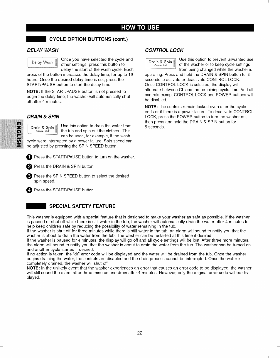 Delay wash, Control lock, Drain & spin | Special safety feature, How to use, Delay wash control lock | Kenmore ELITE 796.292796 User Manual | Page 22 / 92