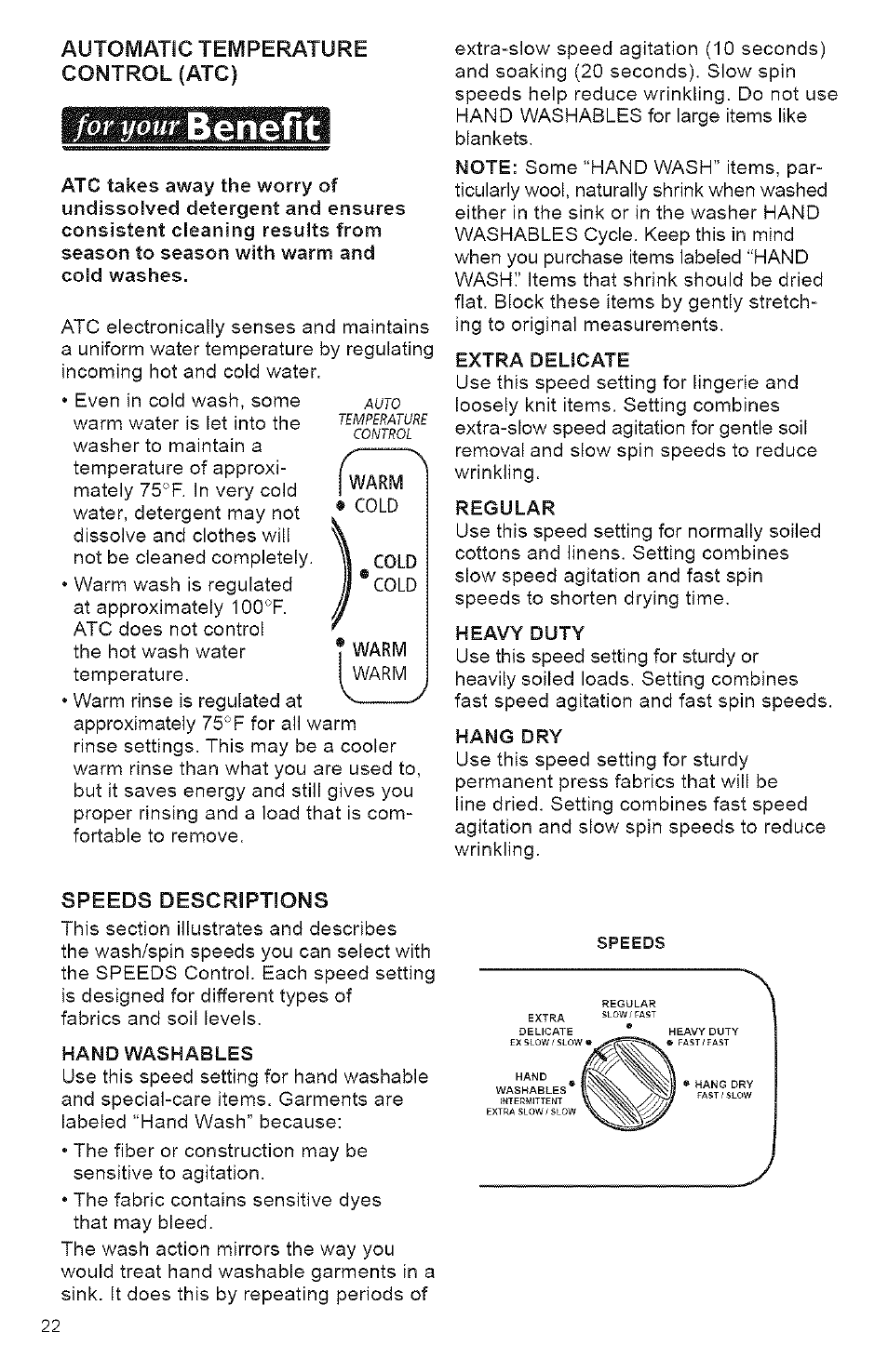 Speeds descriptions, Benefit | Kenmore 3950144 User Manual | Page 22 / 37