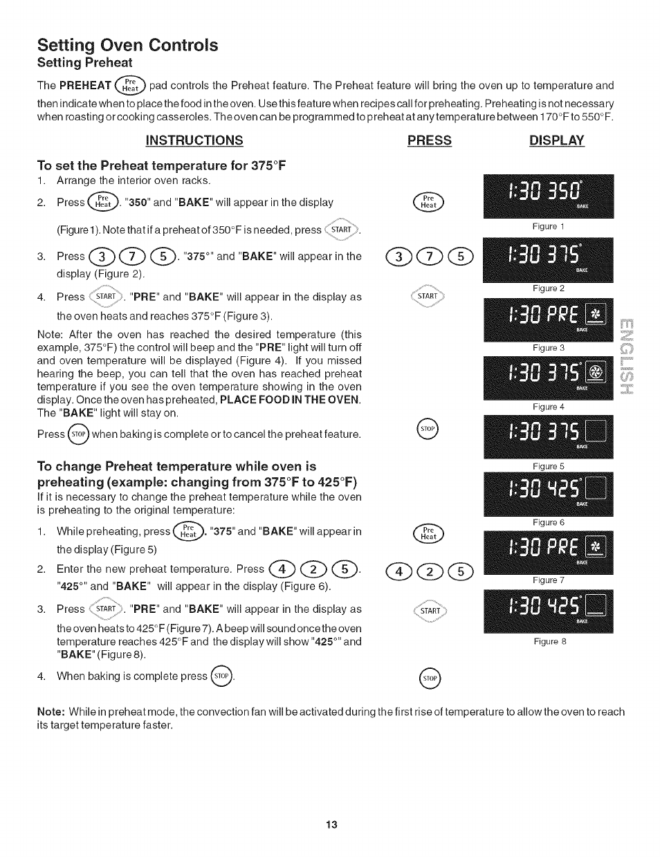 Instructions, To set the preheat temperature for 375°f, Press | Display, C±)cx)cd, Cd cd cd, Liililb, 3cp)?e, Icppe, Setting oven controls | Kenmore 790. 4789 User Manual | Page 13 / 36