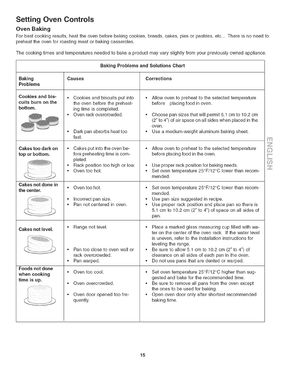 Setting oven controls, Oven baking, Baking problems and solutions chart | Baking, Causes, Corrections, Cakes too dark on top or bottom, Cakes not done in the center, Cakes not level | Kenmore 790. 4789 User Manual | Page 15 / 36