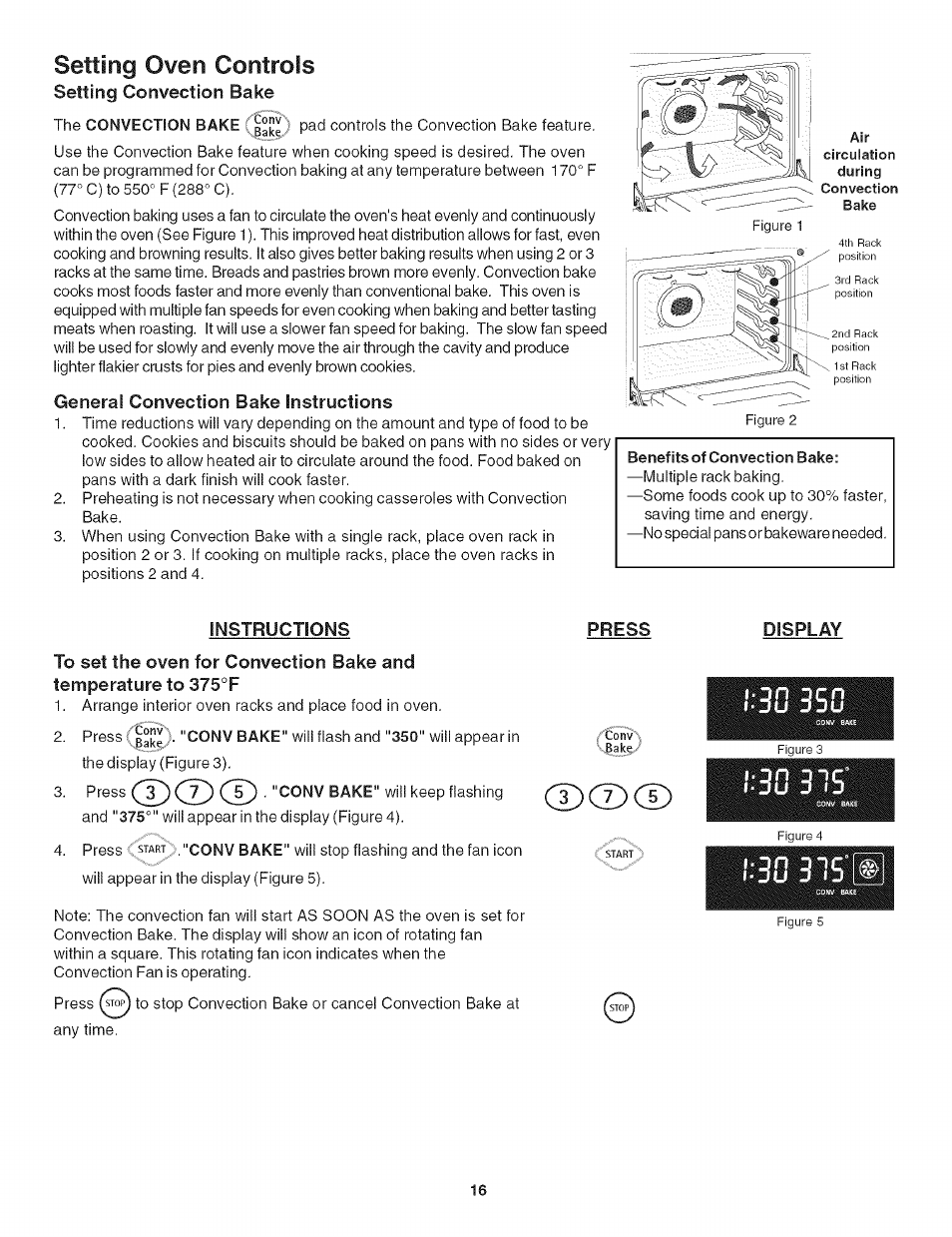 General convection bake instructions, Instructions, Press | Display, 30 3sg, 3g33ï, 3g3t5^:i, Setting oven controls | Kenmore 790. 4789 User Manual | Page 16 / 36