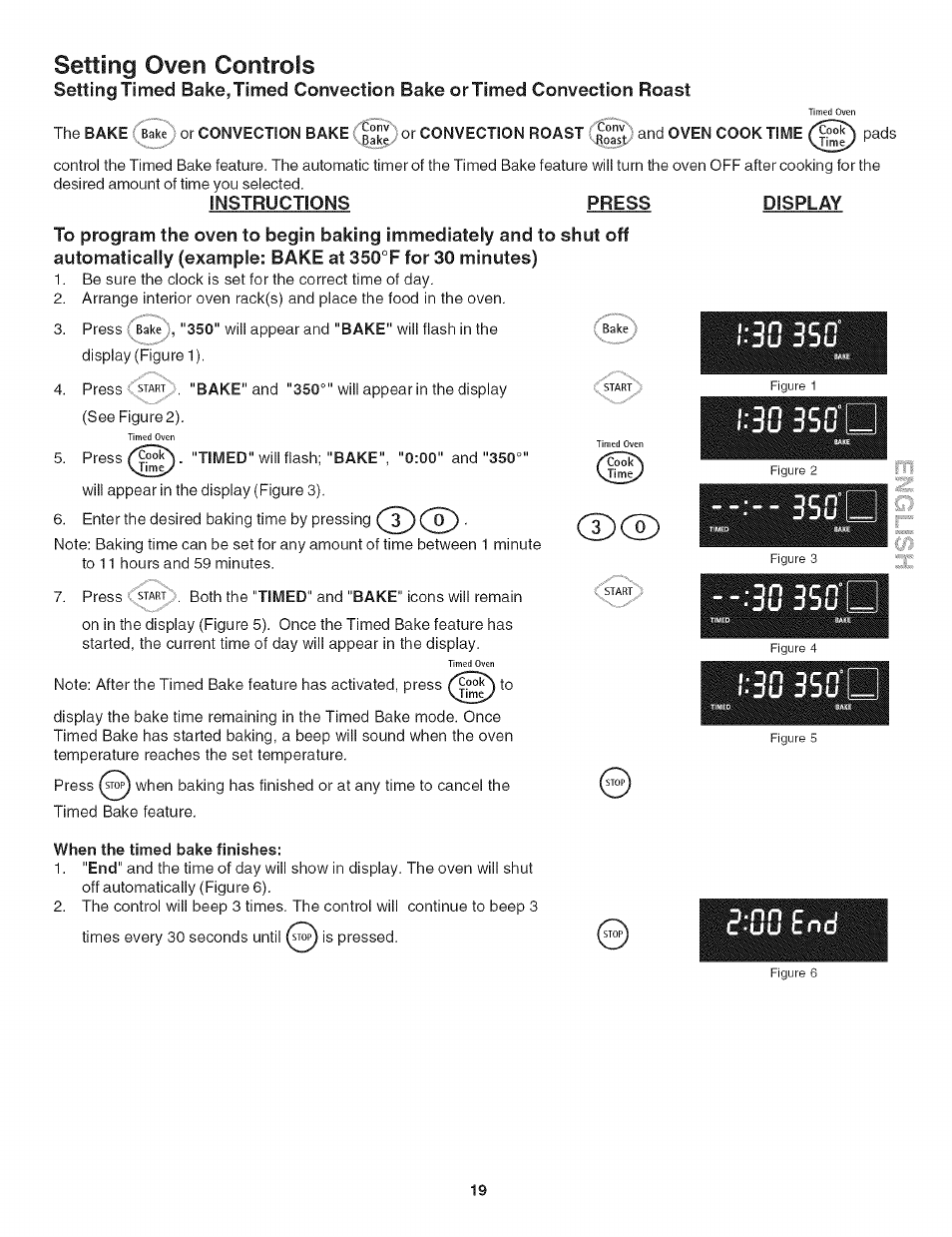 Instructions press, 3o3s0, 30 35o | Setting oven controls, Display | Kenmore 790. 4789 User Manual | Page 19 / 36