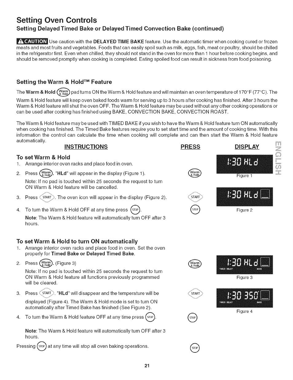 Setting the warm & hold^” feature, Instructions press display, To set warm & hold | To set warm & hold to turn on automatically, 3u hl d, 3u hid, Setting oven controls | Kenmore 790. 4789 User Manual | Page 21 / 36