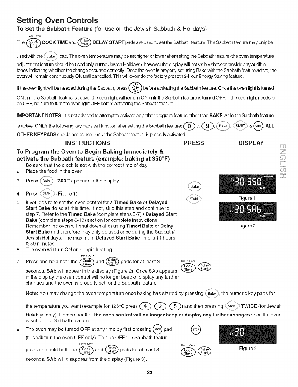 Setting oven controls, Instructions, Press | Display, 30sfiì3, Press display | Kenmore 790. 4789 User Manual | Page 23 / 36