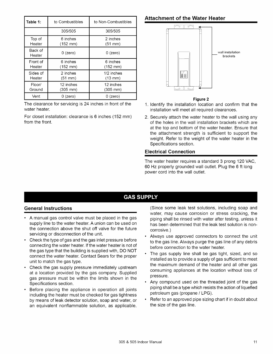 Attachment of the water heater, Gas supply | Kenmore 505 User Manual | Page 11 / 36