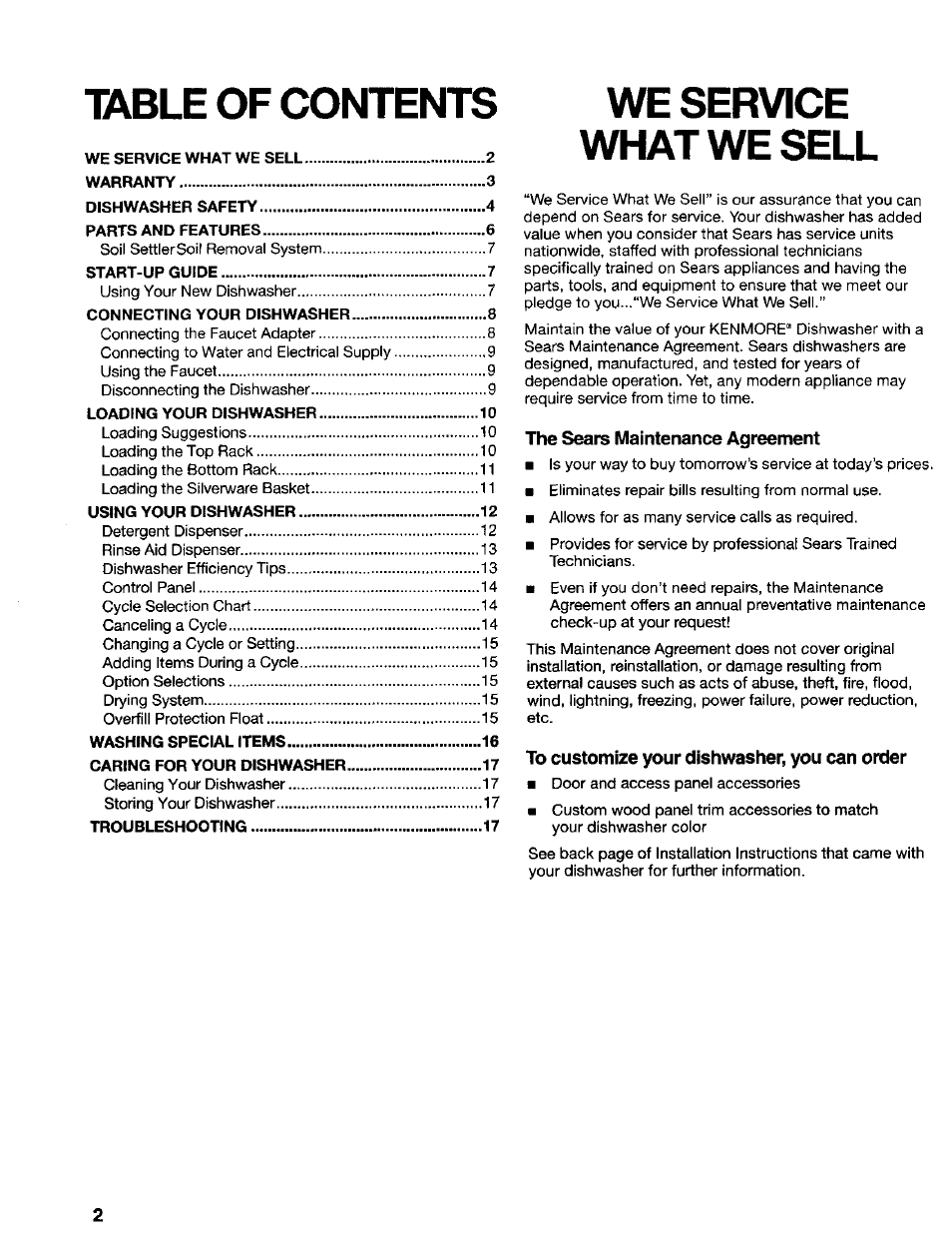 Table of contents we service, What we sell | Kenmore 665.17425 User Manual | Page 2 / 20