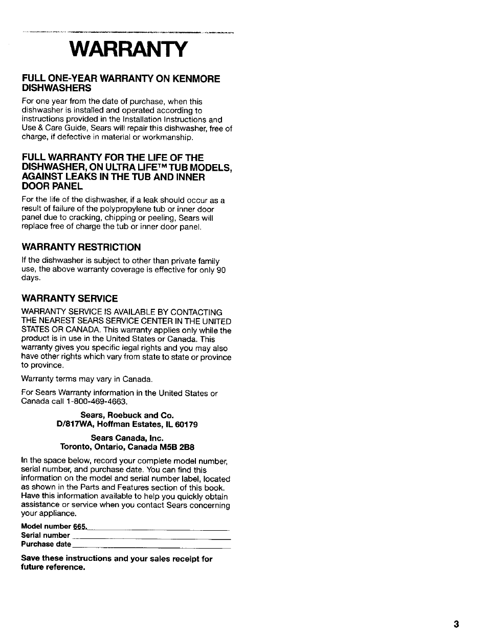 Warranty | Kenmore 665.17425 User Manual | Page 3 / 20