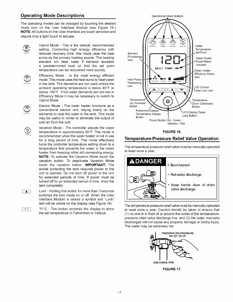 Operating mode descriptions, Temperature-pressure relief valve operation, Temperature-pressure relief valve operation -18 | Kenmore 153.32116 User Manual | Page 17 / 28