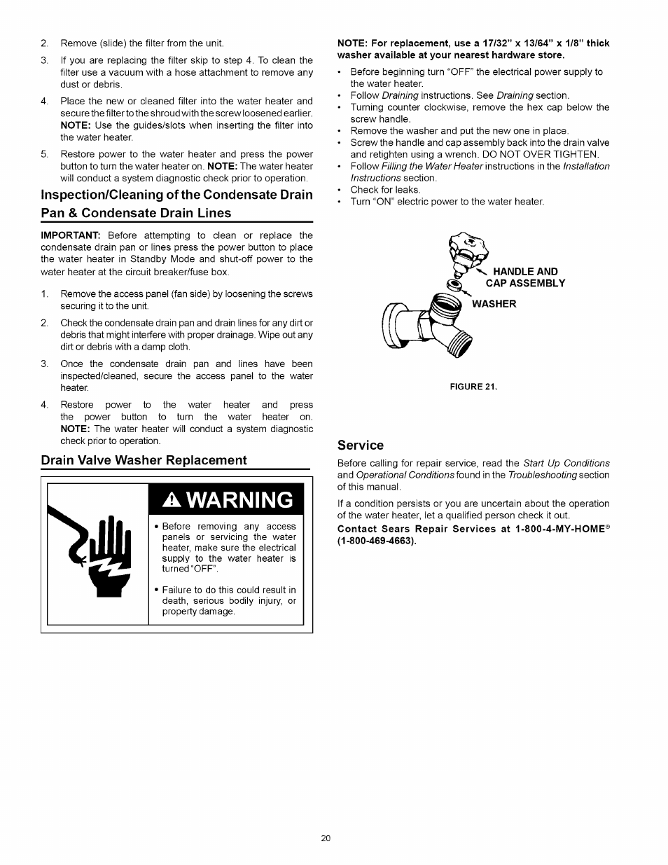 Drain valve washer replacement, Service, A warning | Kenmore 153.32116 User Manual | Page 20 / 28