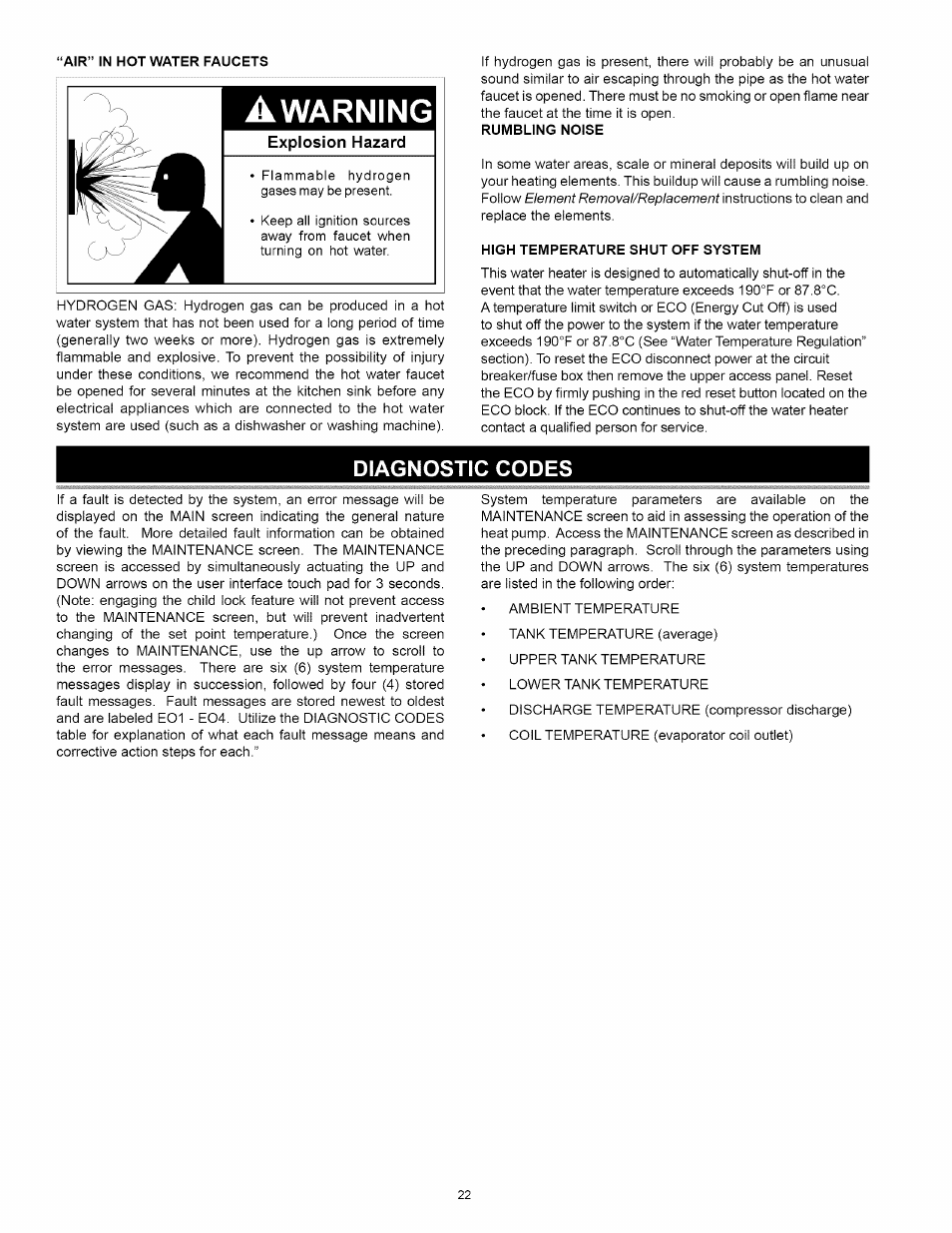 Diagnostic codes, Warning | Kenmore 153.32116 User Manual | Page 22 / 28