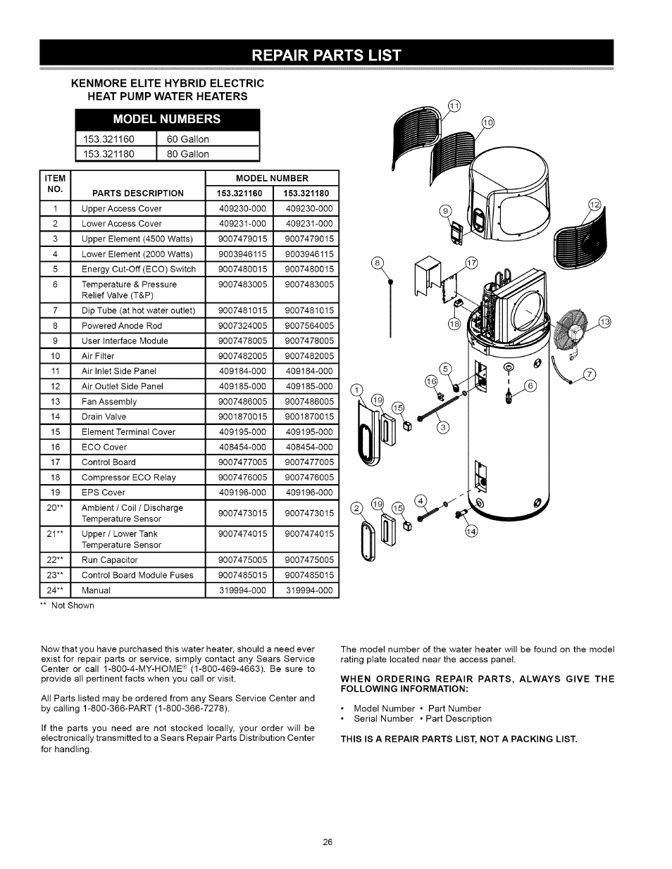 Repair parts list | Kenmore 153.32116 User Manual | Page 26 / 28