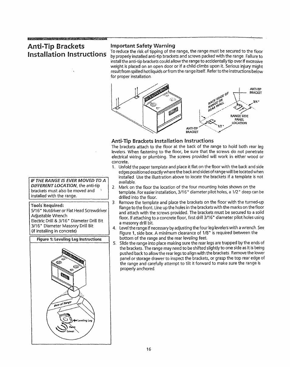 Antl-tfp brackets installation instructions, Important safety warning, Anti-tip brackets installation instructions | Kenmore 5303304549 User Manual | Page 16 / 20
