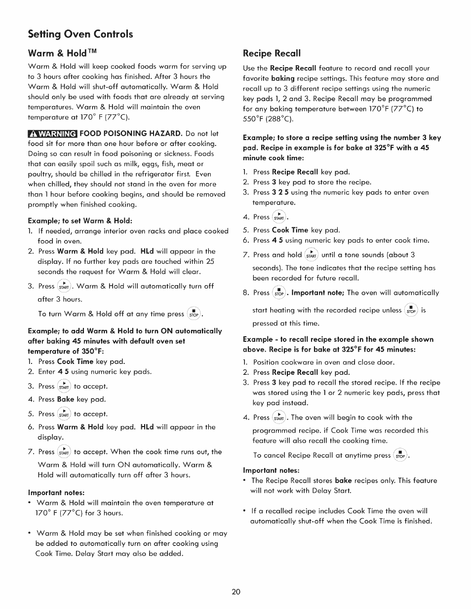 Setting oven controls warm & hold, Recipe recall | Kenmore 970-5984 User Manual | Page 20 / 36