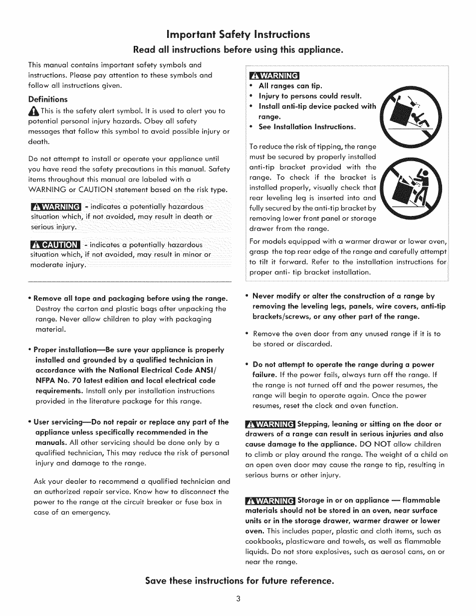 Ik caution, Save these instructions for future reference | Kenmore 970-5984 User Manual | Page 3 / 36