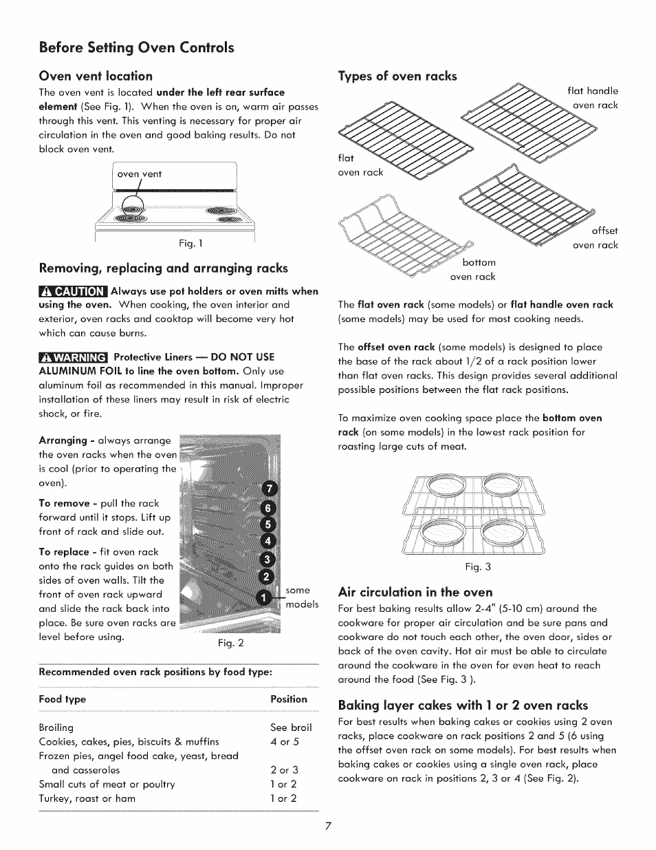 Before setting oven controls oven vent location, Air circulation in the oven, Baking layer cakes with 1 or 2 oven racks | Ii caution | Kenmore 970-5984 User Manual | Page 7 / 36