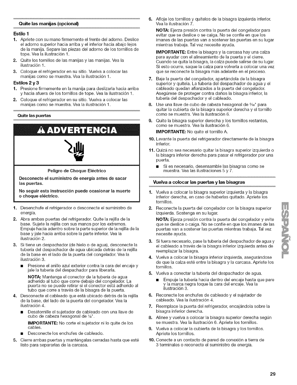 Quite las manijas (opcional), Estilo 1, Vuelva a colocar las puertas y las bisagras | Kenmore WIOI67097A User Manual | Page 29 / 72