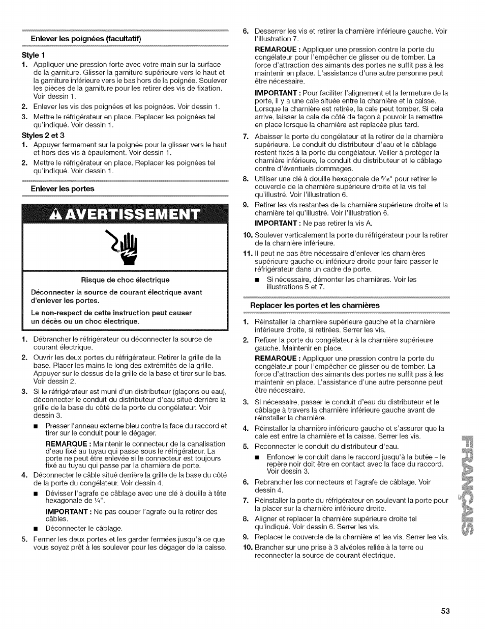 Enlever les poignées (facultatif), Style 1, Replacer les portes et les charnières | Kenmore WIOI67097A User Manual | Page 53 / 72
