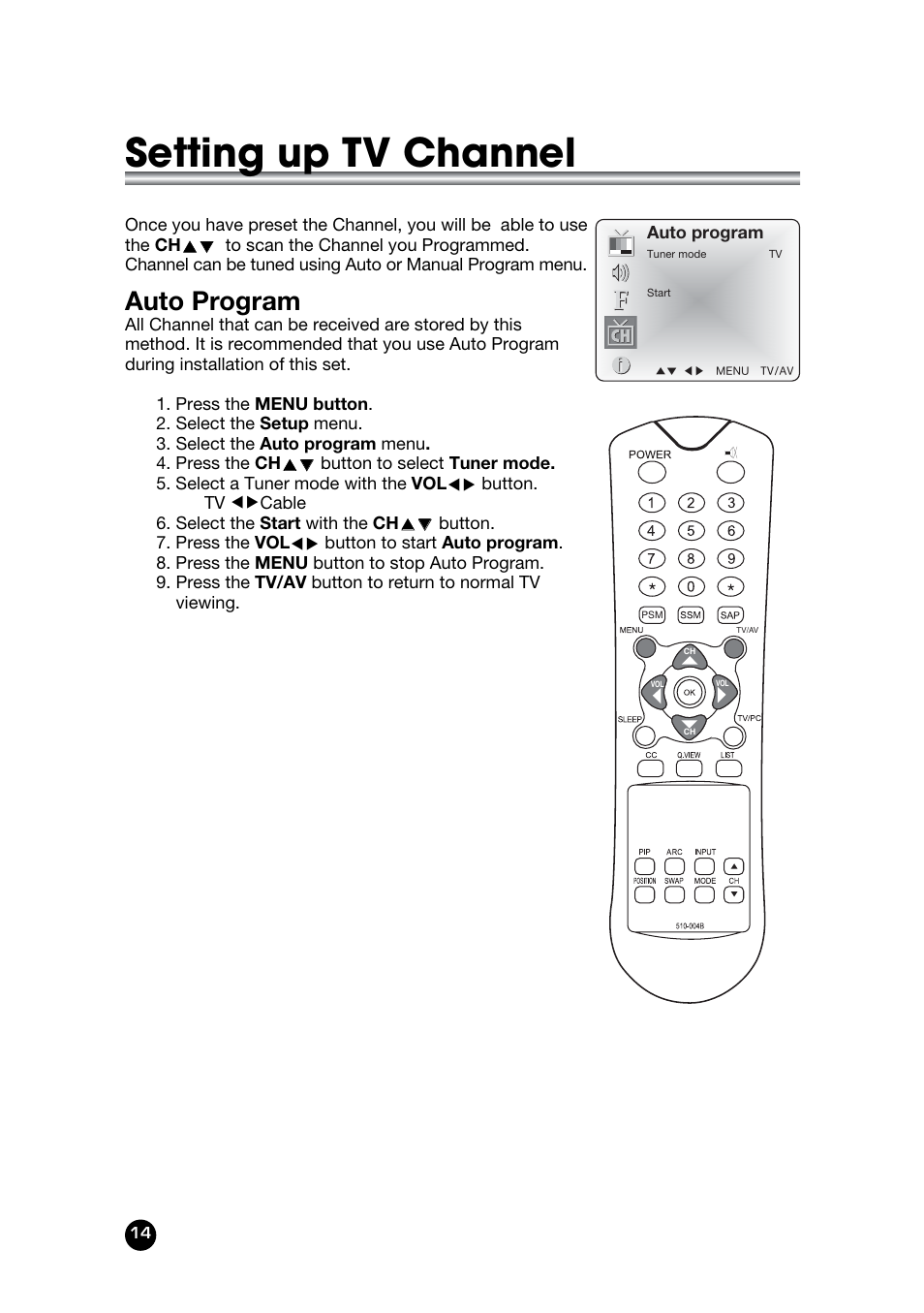 Setting up tv channel, Auto program | Kreisen LT-30FMP User Manual | Page 14 / 31