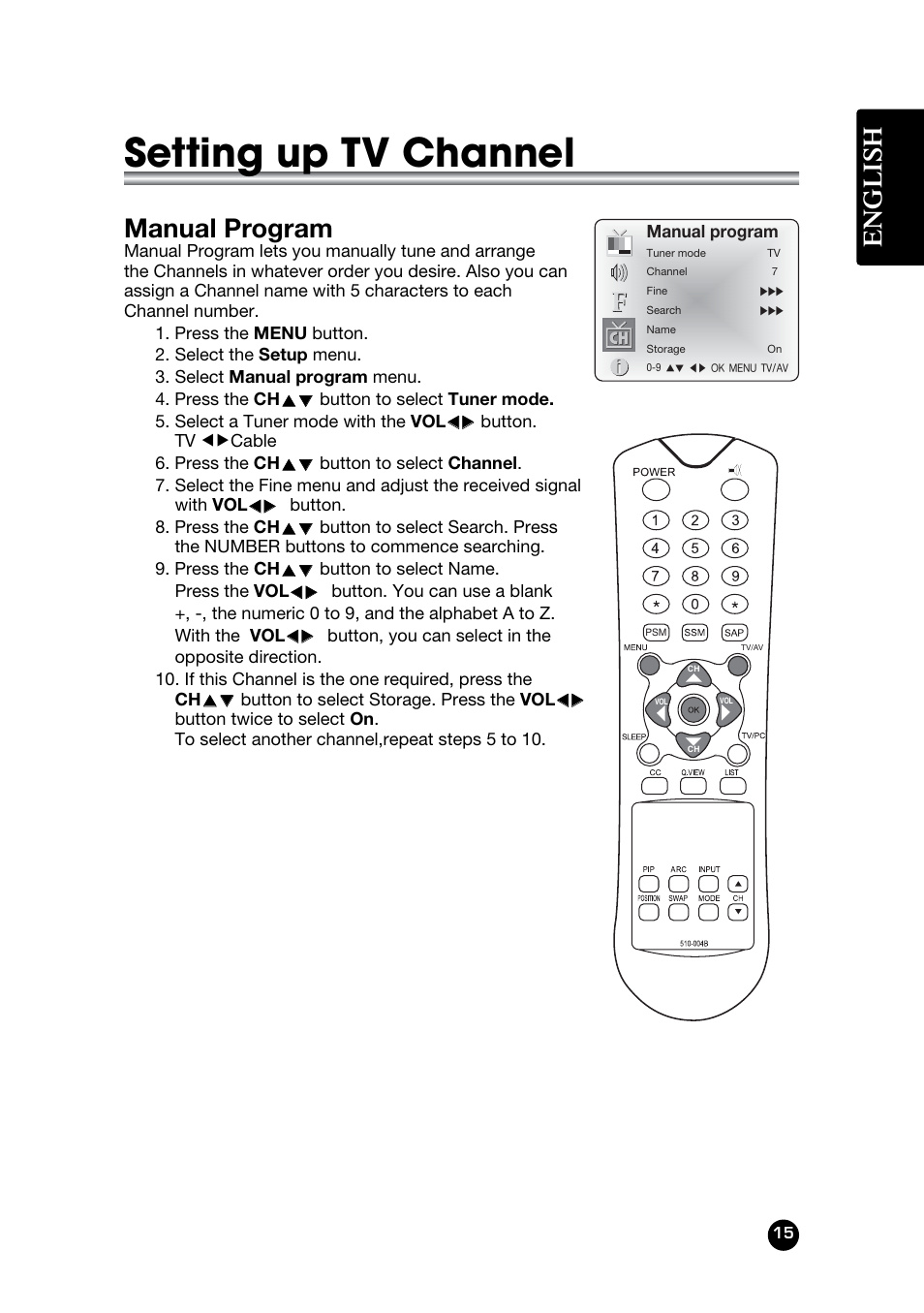 Setting up tv channel, English, Manual program | Kreisen LT-30FMP User Manual | Page 15 / 31