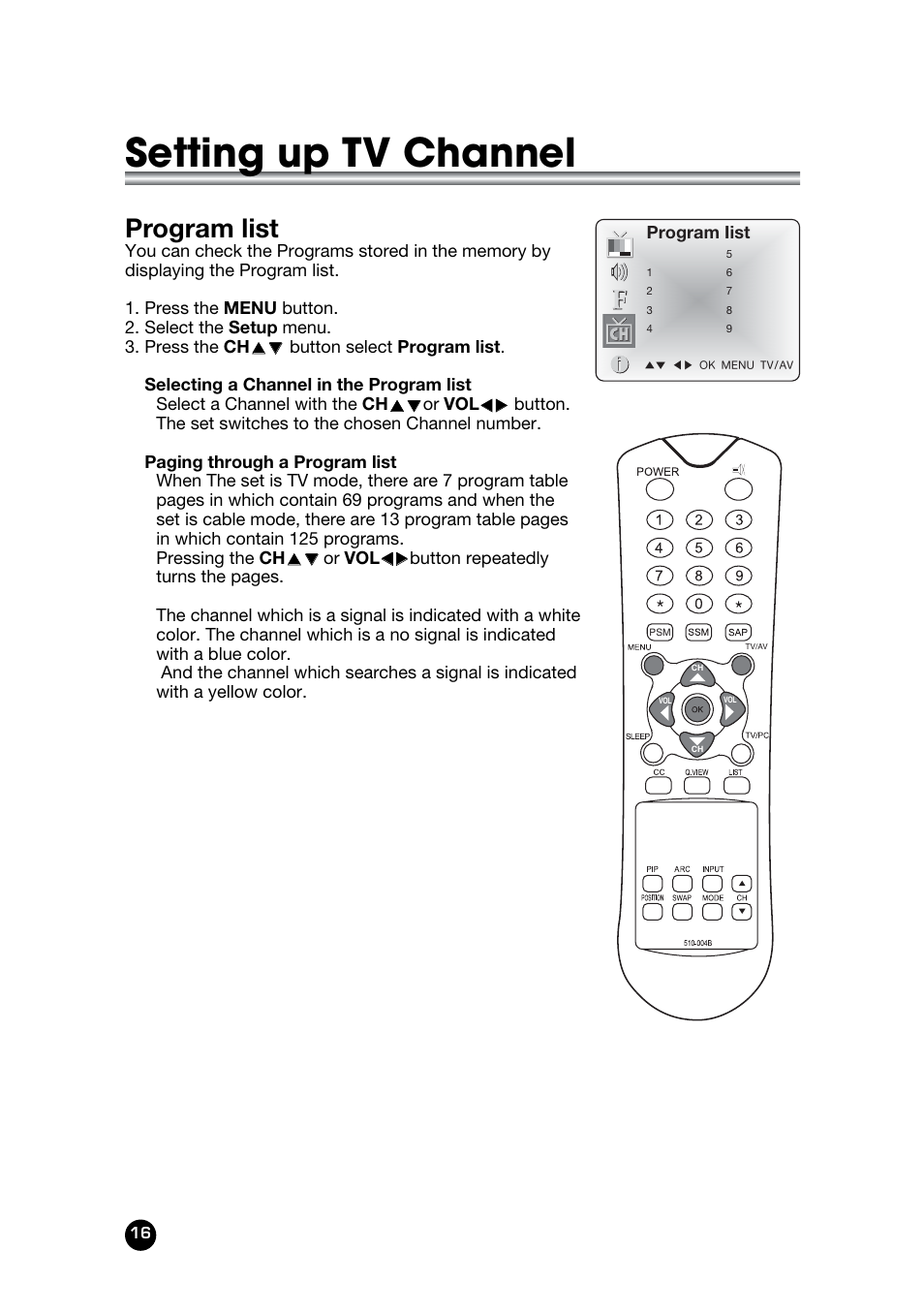 Setting up tv channel, Program list | Kreisen LT-30FMP User Manual | Page 16 / 31