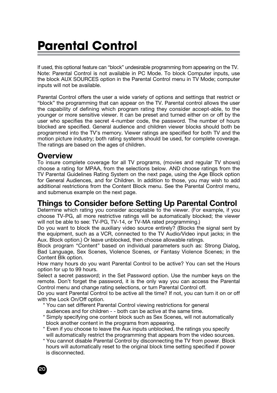 Parental control, Overview | Kreisen LT-30FMP User Manual | Page 20 / 31