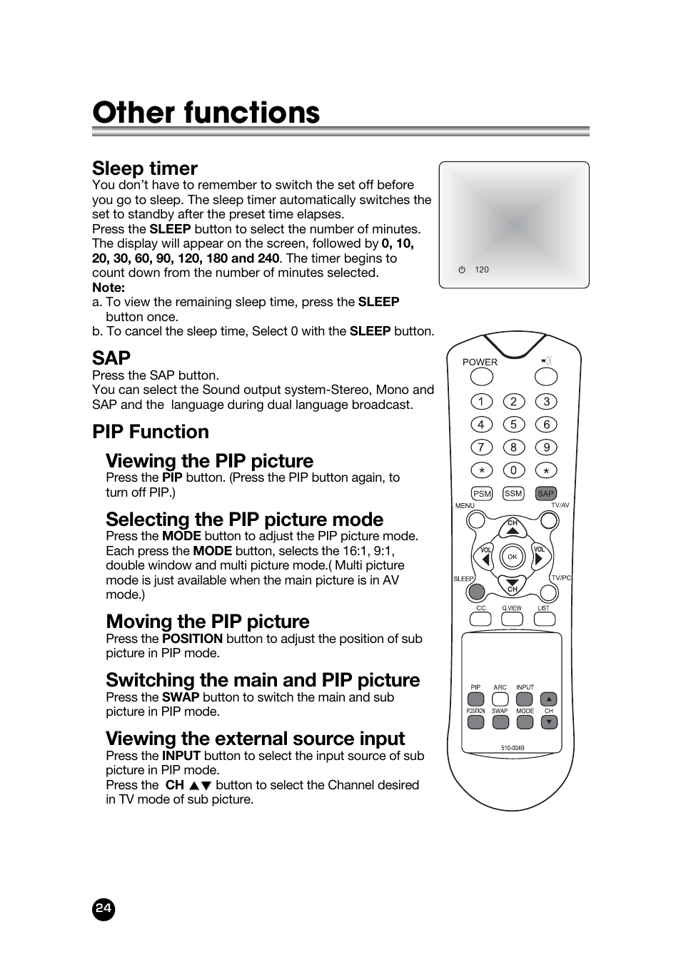 Other functions, Sleep timer, Pip function viewing the pip picture | Selecting the pip picture mode, Moving the pip picture, Switching the main and pip picture, Viewing the external source input | Kreisen LT-30FMP User Manual | Page 24 / 31