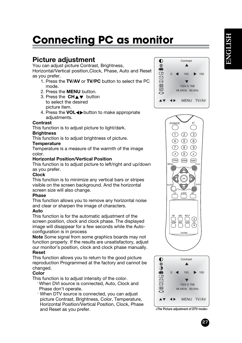 Connecting pc as monitor, English, Picture adjustment | Kreisen LT-30FMP User Manual | Page 27 / 31