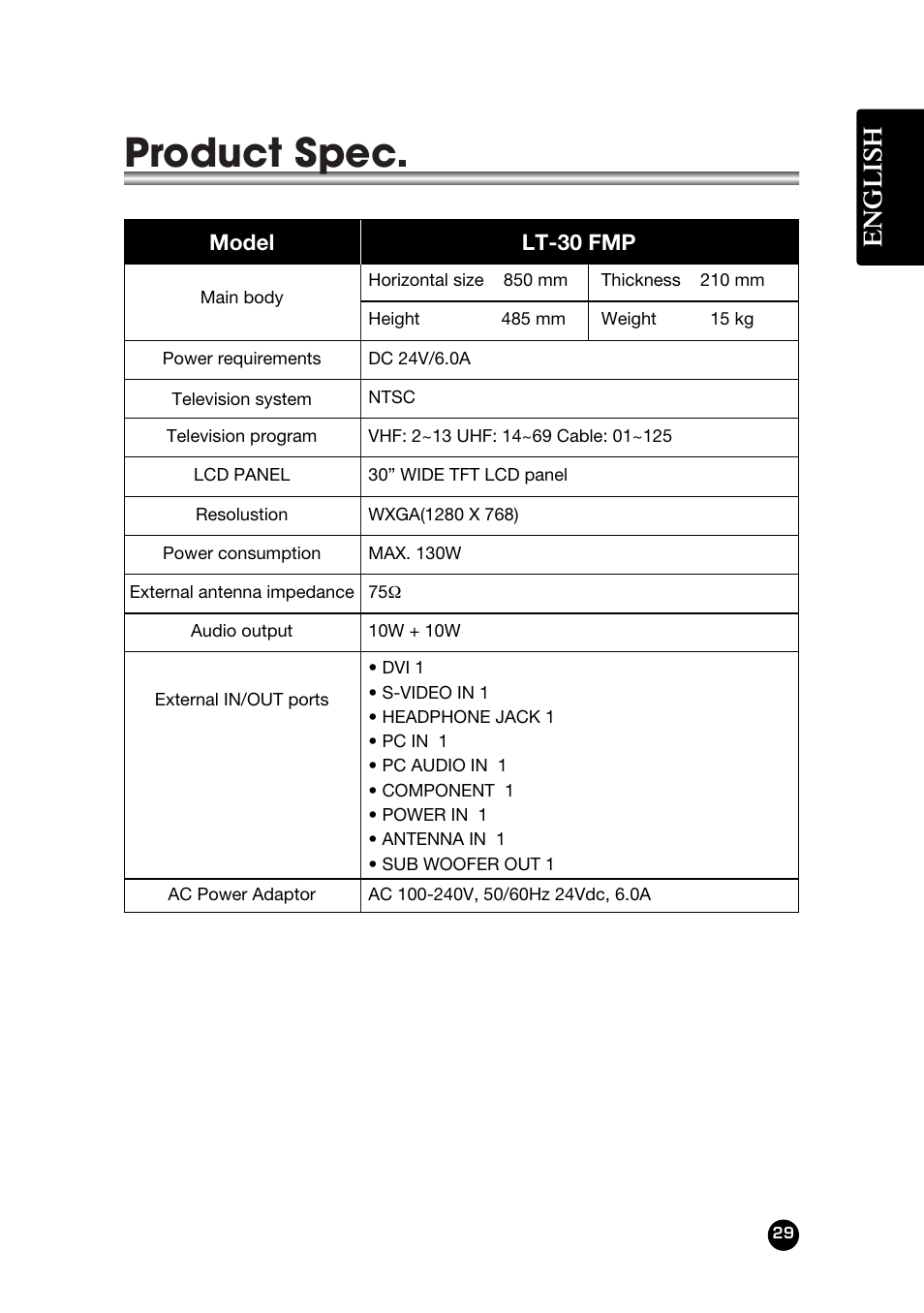 Product spec, English | Kreisen LT-30FMP User Manual | Page 29 / 31