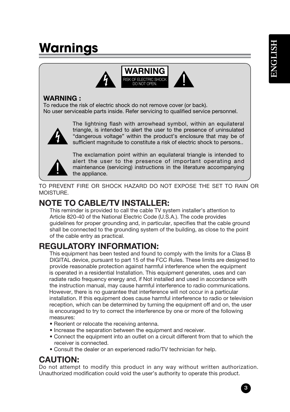 Warnings, English, Regulatory information | Caution, Warning | Kreisen LT-30FMP User Manual | Page 3 / 31