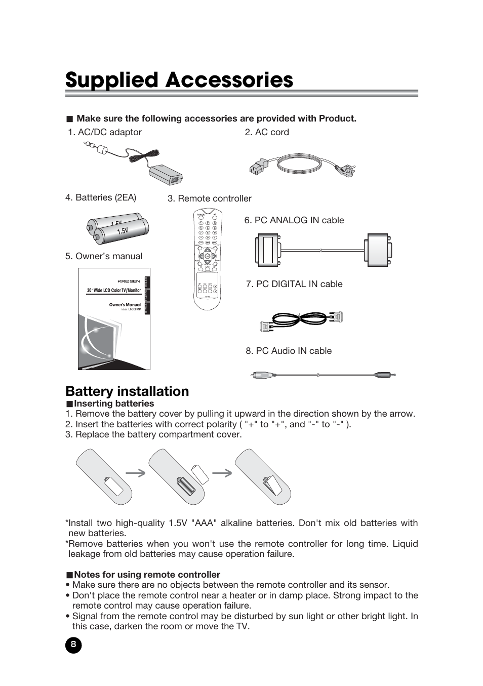 Supplied accessories, Battery installation | Kreisen LT-30FMP User Manual | Page 8 / 31