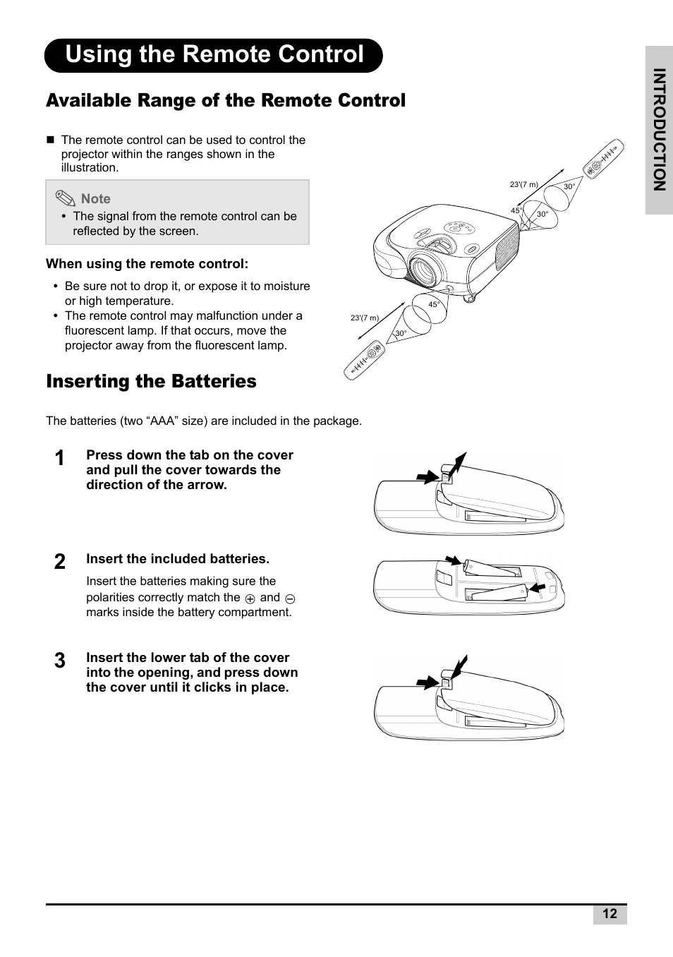 Using the remote control, Available range of the remote control, Inserting the batteries | Introduction | Knoll Systems Front Projector 1080p DLP User Manual | Page 13 / 68
