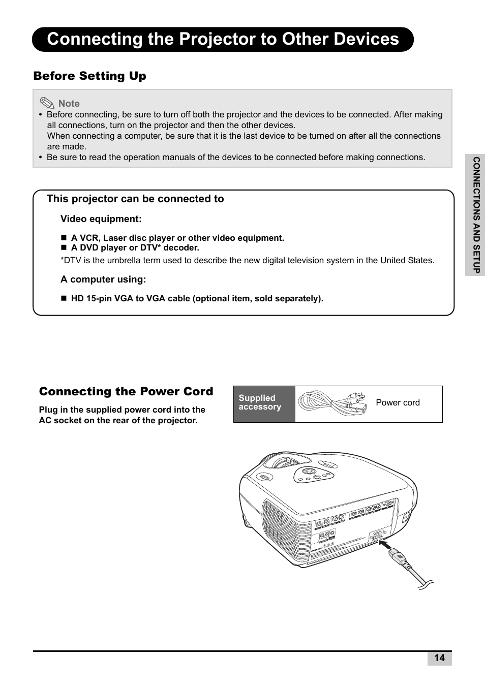 Connecting the projector to other devices, Before setting up, Connecting the power cord | Before setting up connecting the power cord | Knoll Systems Front Projector 1080p DLP User Manual | Page 15 / 68