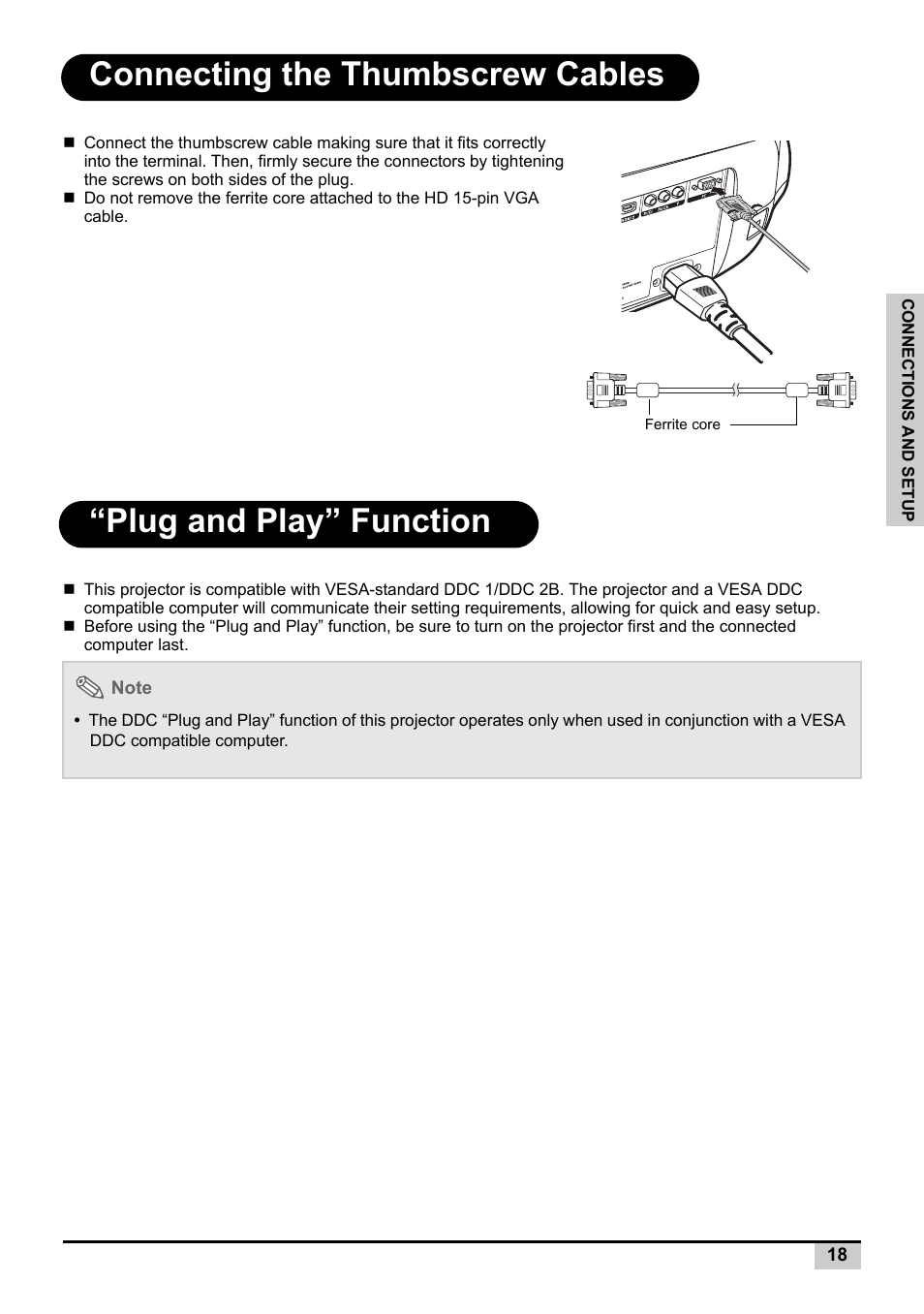 Connecting the thumbscrew cables, Plug and play” function | Knoll Systems Front Projector 1080p DLP User Manual | Page 19 / 68