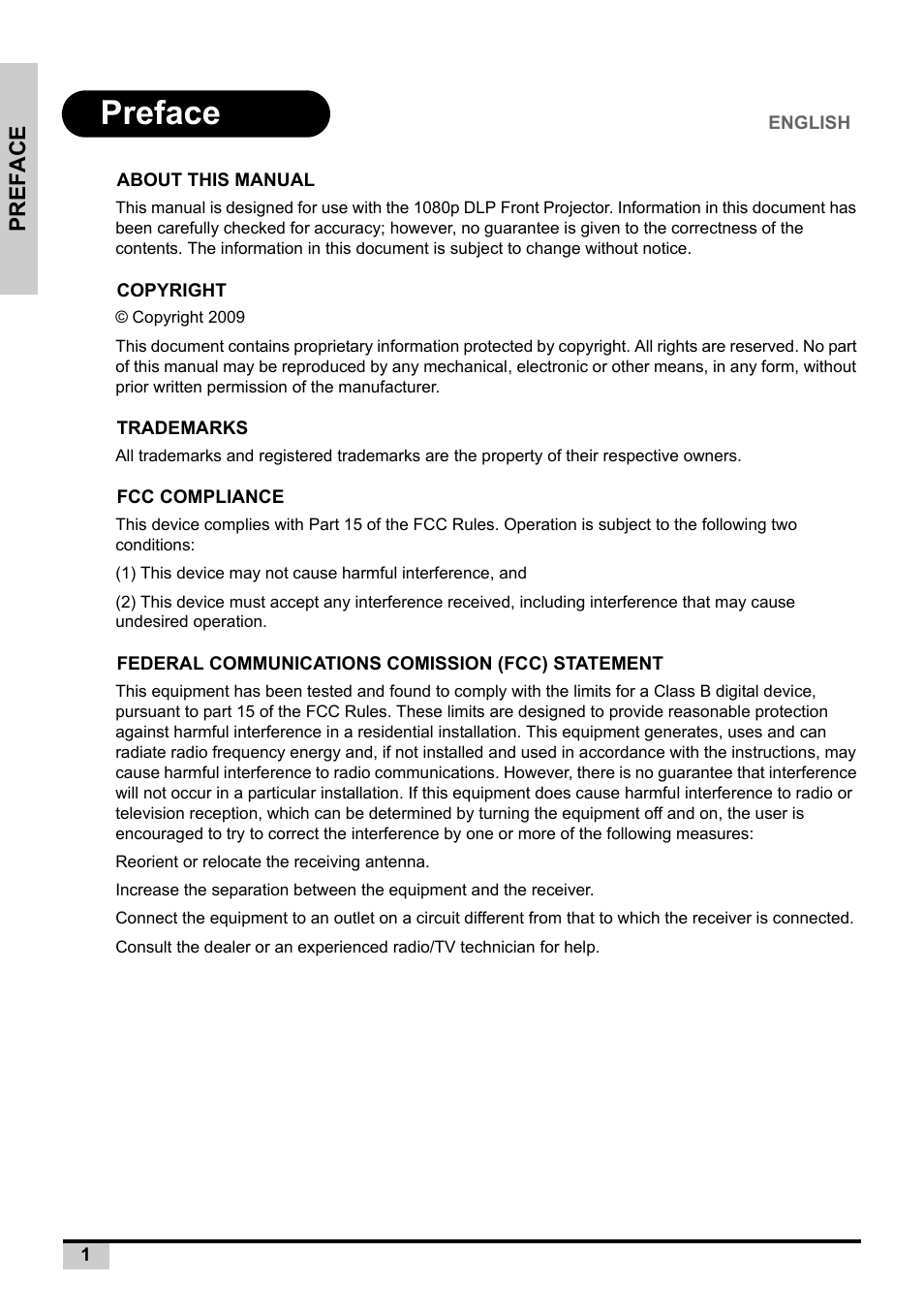 Preface | Knoll Systems Front Projector 1080p DLP User Manual | Page 2 / 68