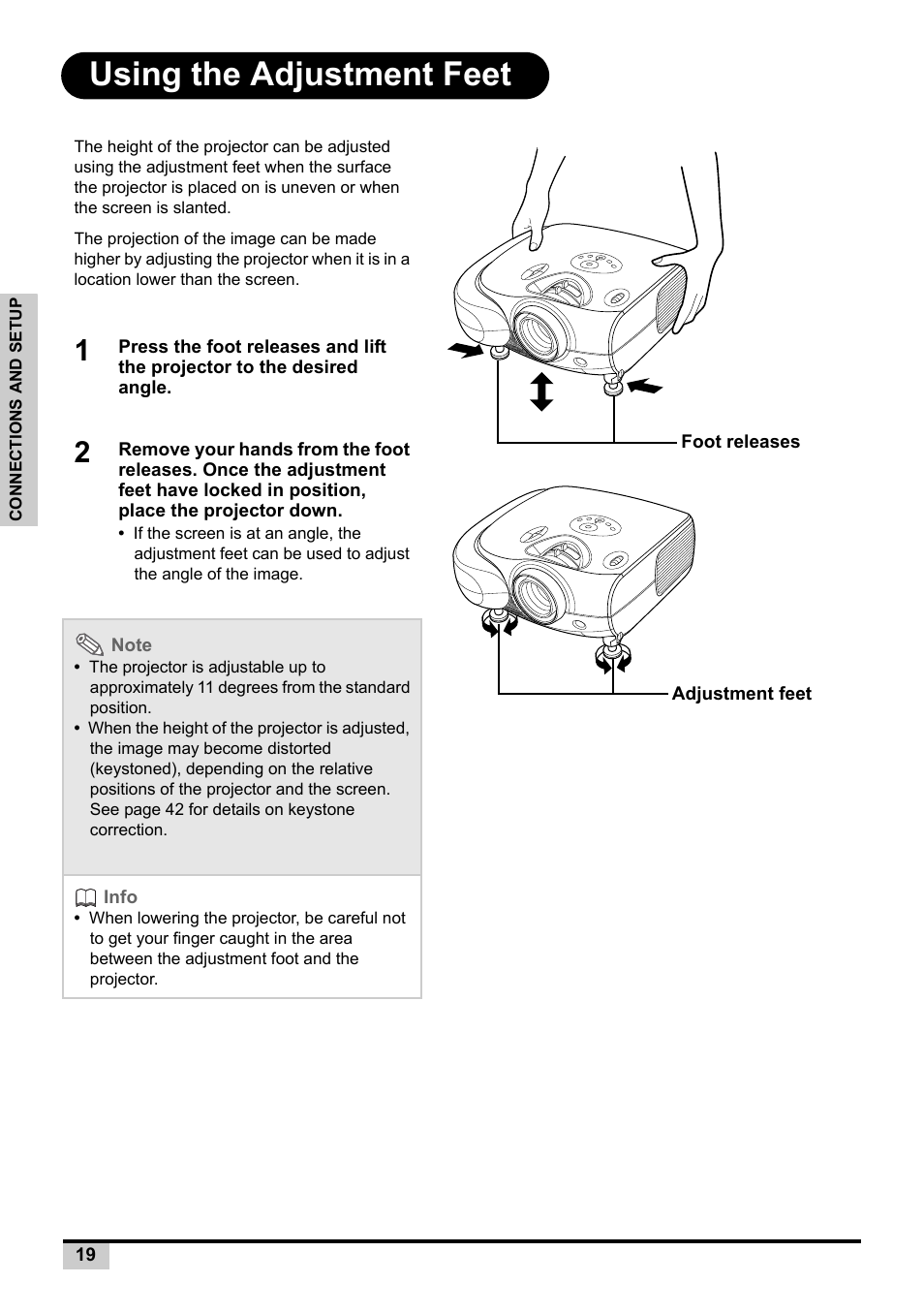 Using the adjustment feet | Knoll Systems Front Projector 1080p DLP User Manual | Page 20 / 68