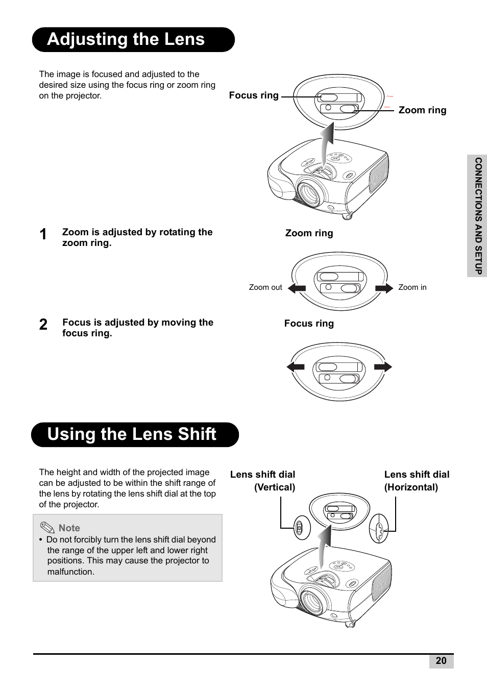 Adjusting the lens, Using the lens shift, Adjusting the lens using the lens shift | Knoll Systems Front Projector 1080p DLP User Manual | Page 21 / 68