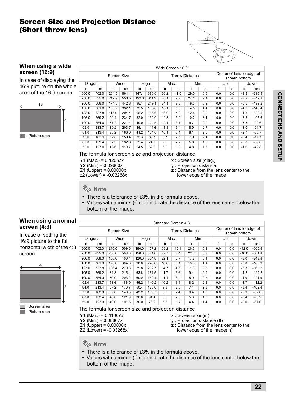 Screen size and projection distance, When using a wide screen (16:9), When using a normal screen (4:3) | Conn ec tions and setu p | Knoll Systems Front Projector 1080p DLP User Manual | Page 23 / 68