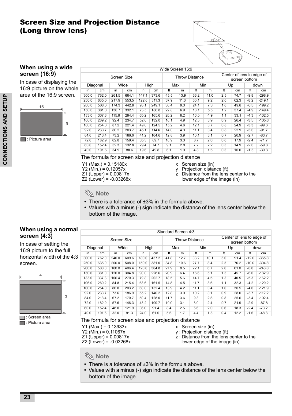 Screen size and projection distance, When using a wide screen (16:9), When using a normal screen (4:3) | Connections and setup | Knoll Systems Front Projector 1080p DLP User Manual | Page 24 / 68