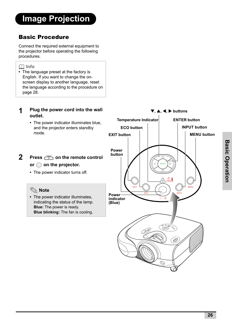 Image projection, Basic procedure, Basic operation | Knoll Systems Front Projector 1080p DLP User Manual | Page 27 / 68