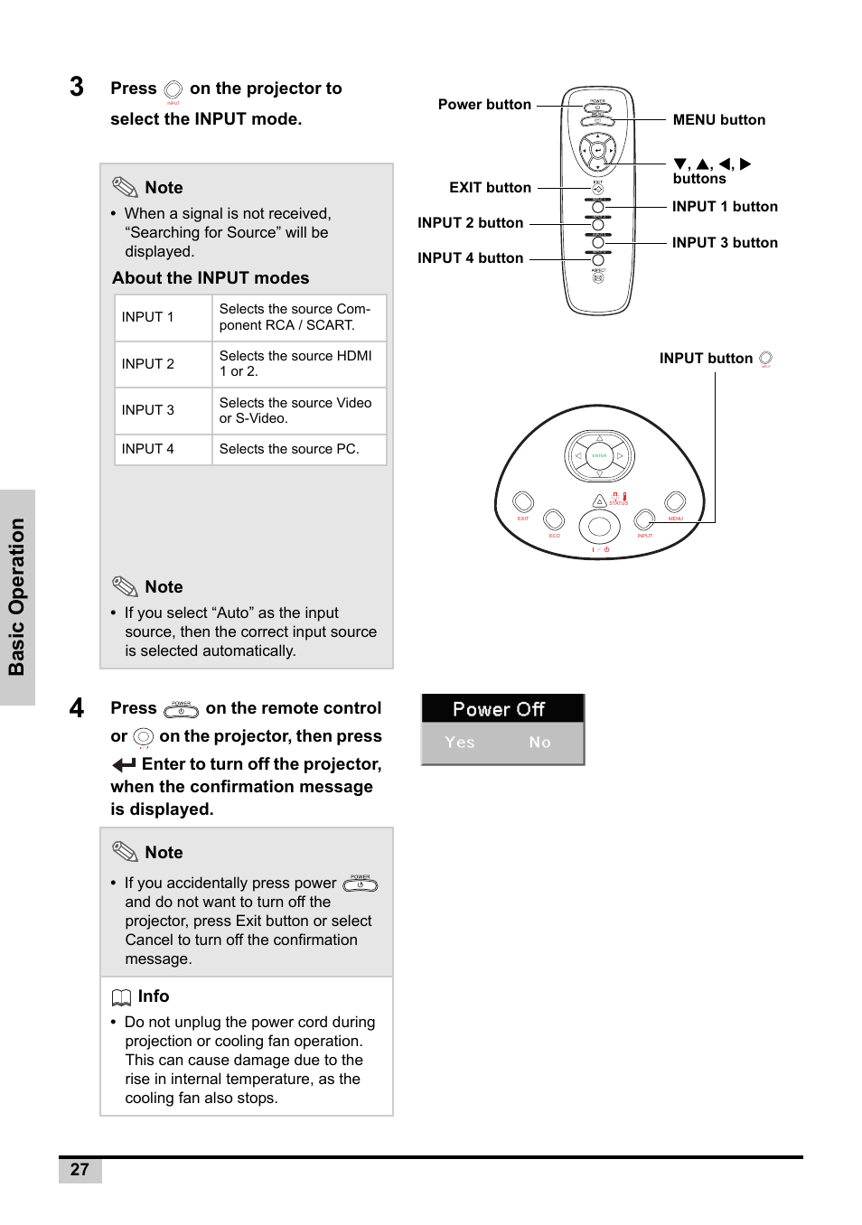 Basic operatio n, Info, About the input modes | Knoll Systems Front Projector 1080p DLP User Manual | Page 28 / 68