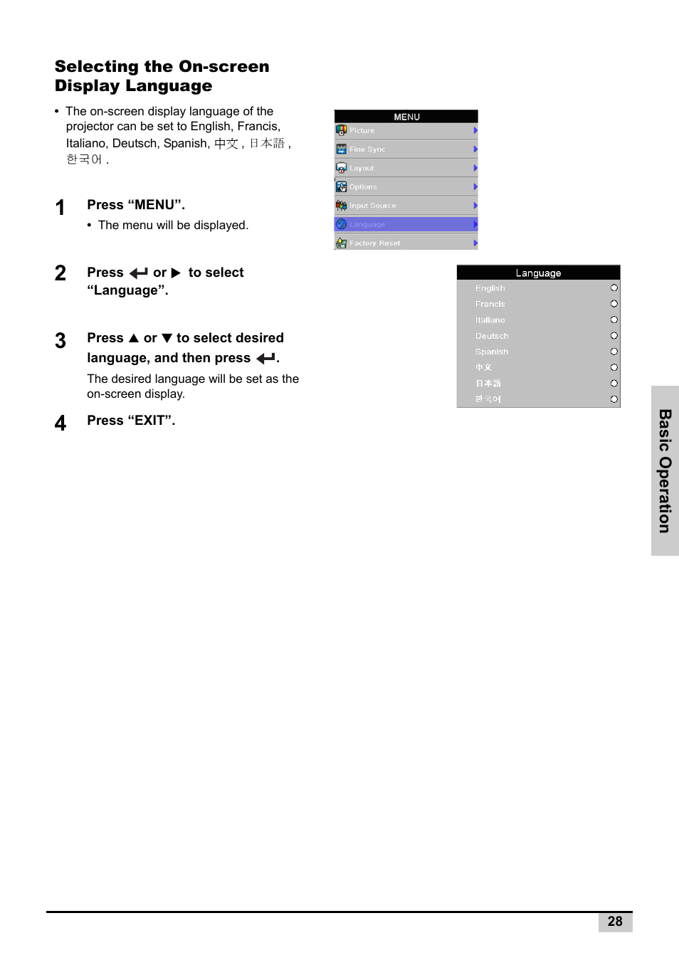 Selecting the on-screen display language | Knoll Systems Front Projector 1080p DLP User Manual | Page 29 / 68