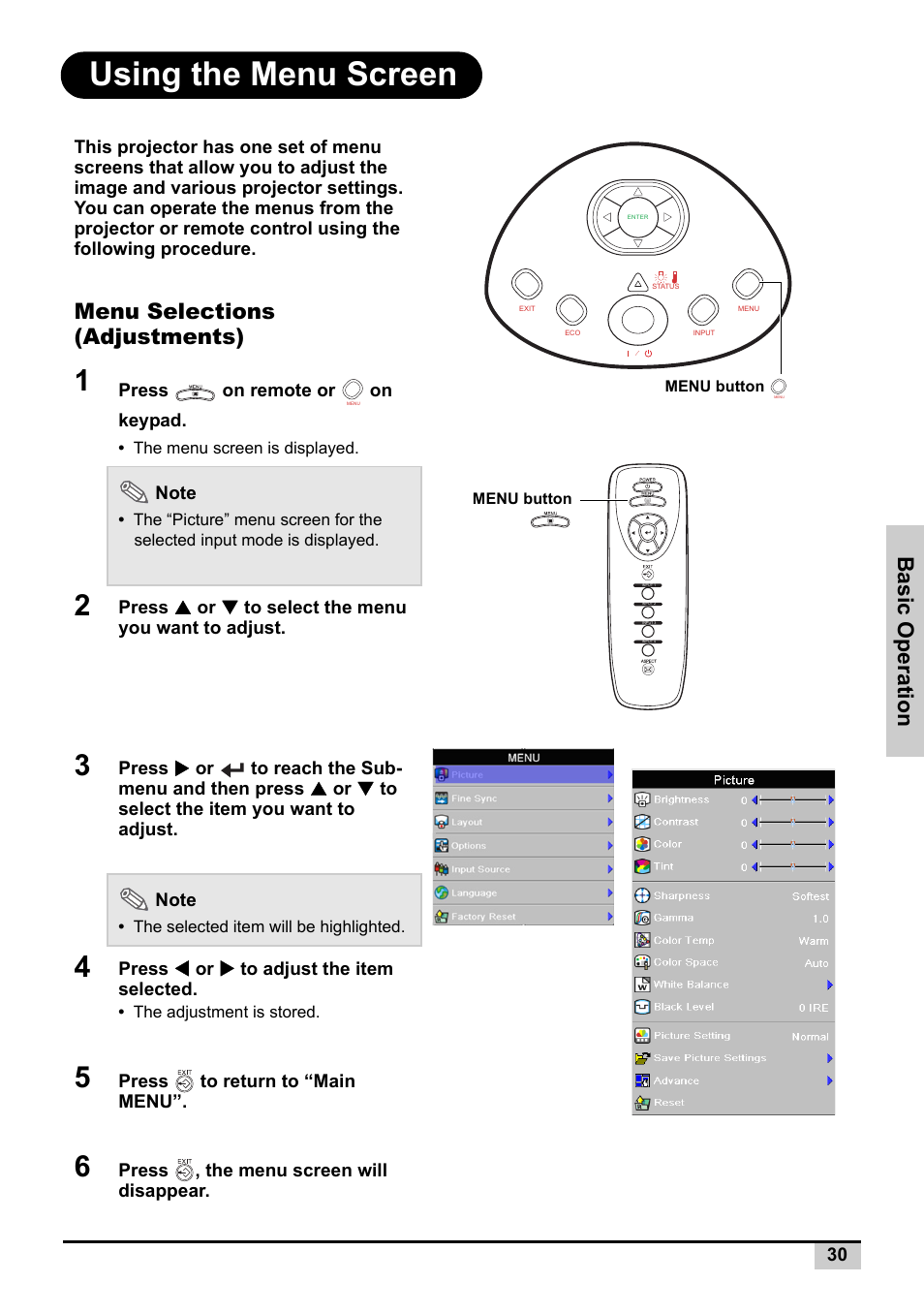 Using the menu screen, Menu selections (adjustments), Basic operation | Knoll Systems Front Projector 1080p DLP User Manual | Page 31 / 68