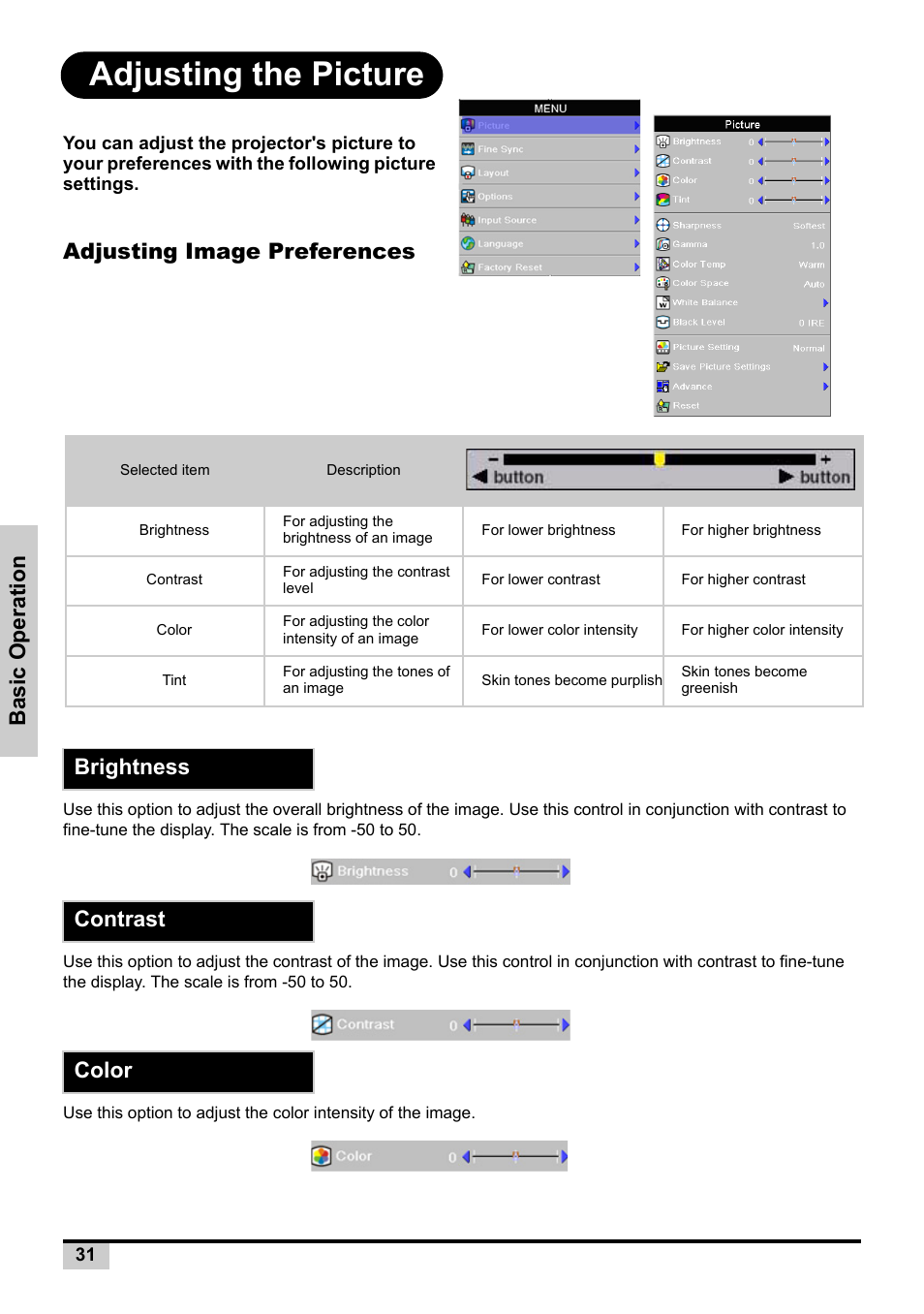 Adjusting the picture, Adjusting image preferences, Brightness | Contrast, Color, Basic operatio n, Brightness contrast color | Knoll Systems Front Projector 1080p DLP User Manual | Page 32 / 68