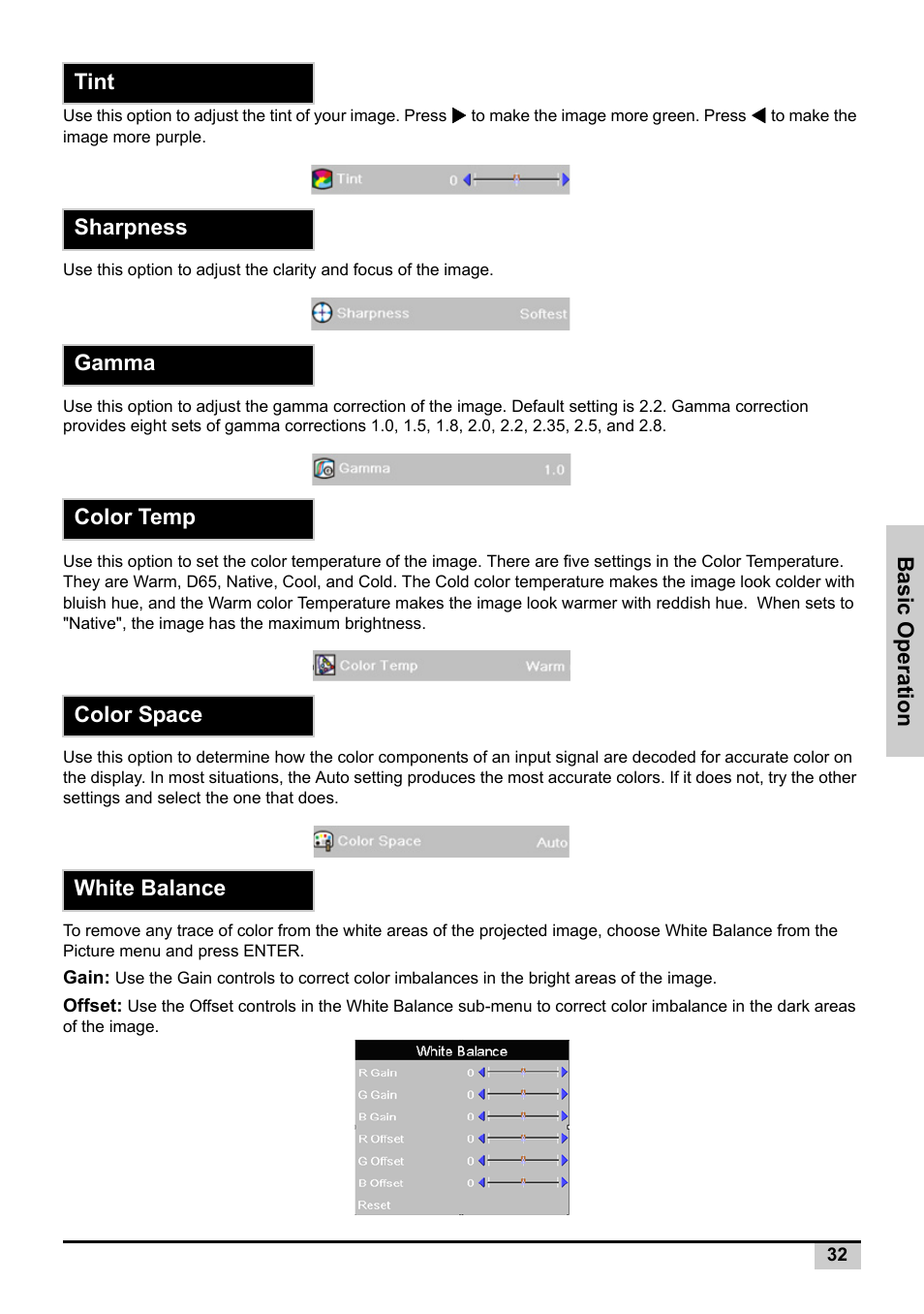 Tint, Sharpness, Gamma | Color temp, Color space, White balance | Knoll Systems Front Projector 1080p DLP User Manual | Page 33 / 68