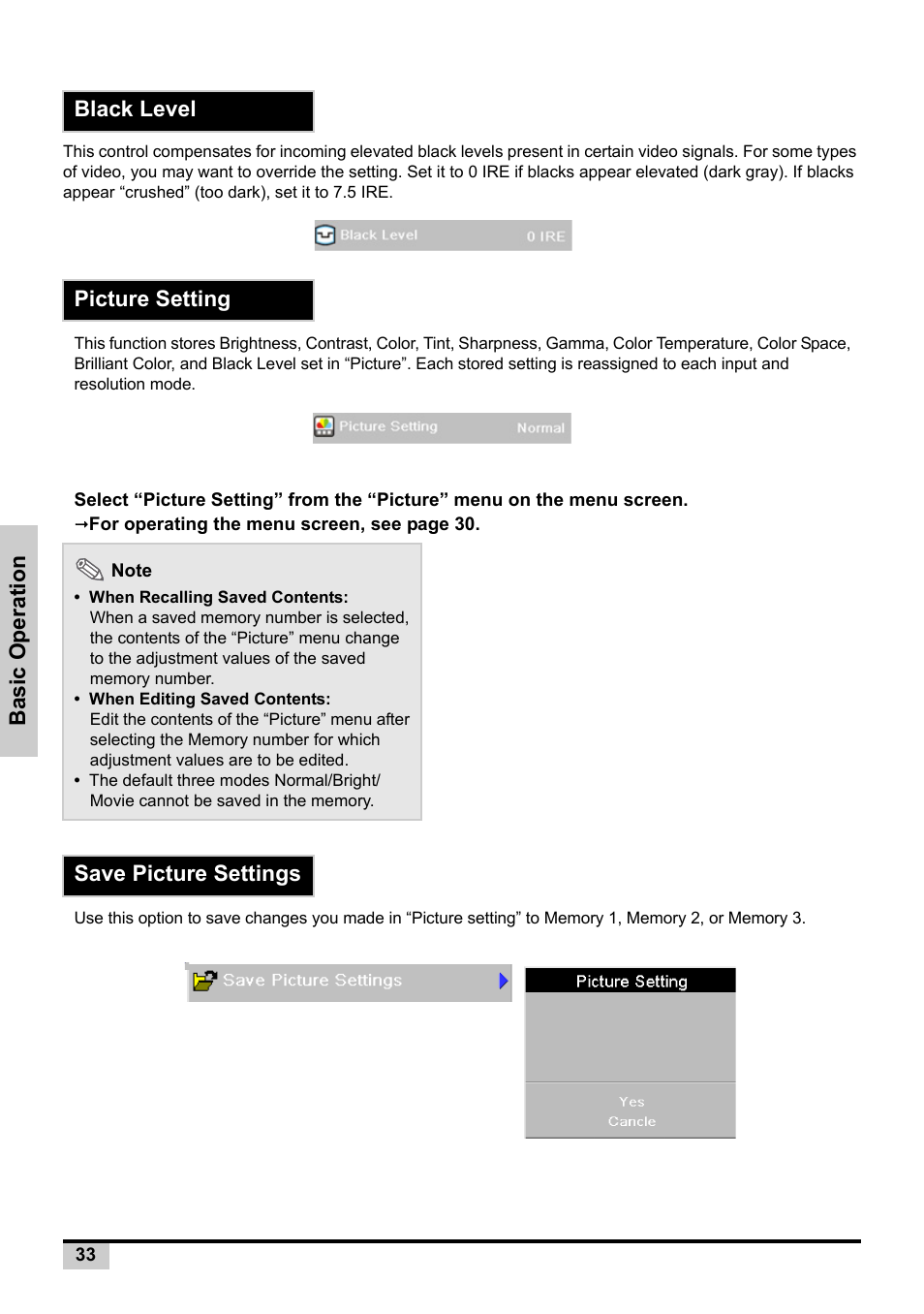 Black level, Picture setting, Save picture settings | Basic operatio n, Black level picture setting | Knoll Systems Front Projector 1080p DLP User Manual | Page 34 / 68