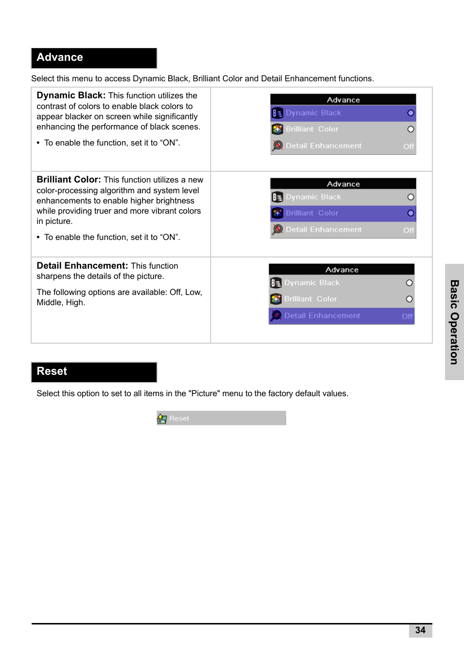 Advance, Reset, Basic operation | Knoll Systems Front Projector 1080p DLP User Manual | Page 35 / 68