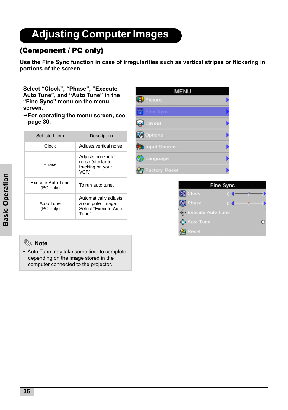 Adjusting computer images, Basic operatio n, Component / pc only) | Knoll Systems Front Projector 1080p DLP User Manual | Page 36 / 68