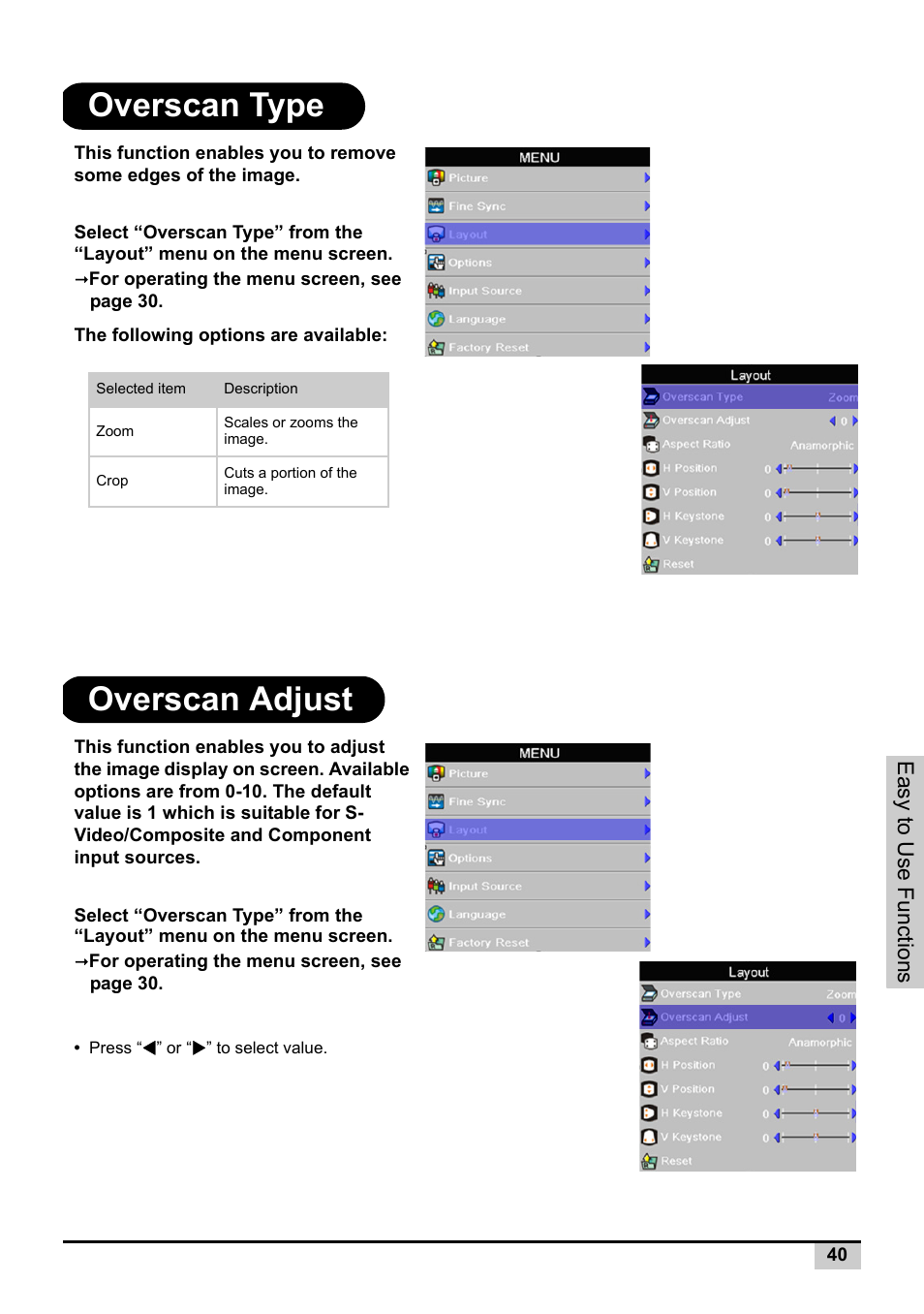 Overscan type, Overscan adjust, Overscan type overscan adjust | Knoll Systems Front Projector 1080p DLP User Manual | Page 41 / 68