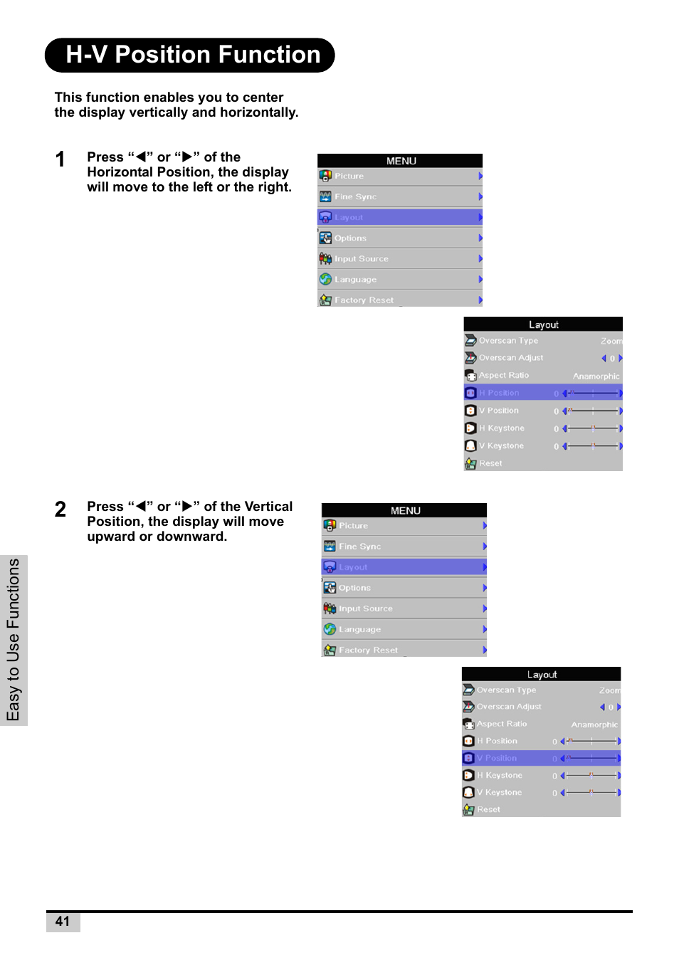 H-v position function | Knoll Systems Front Projector 1080p DLP User Manual | Page 42 / 68