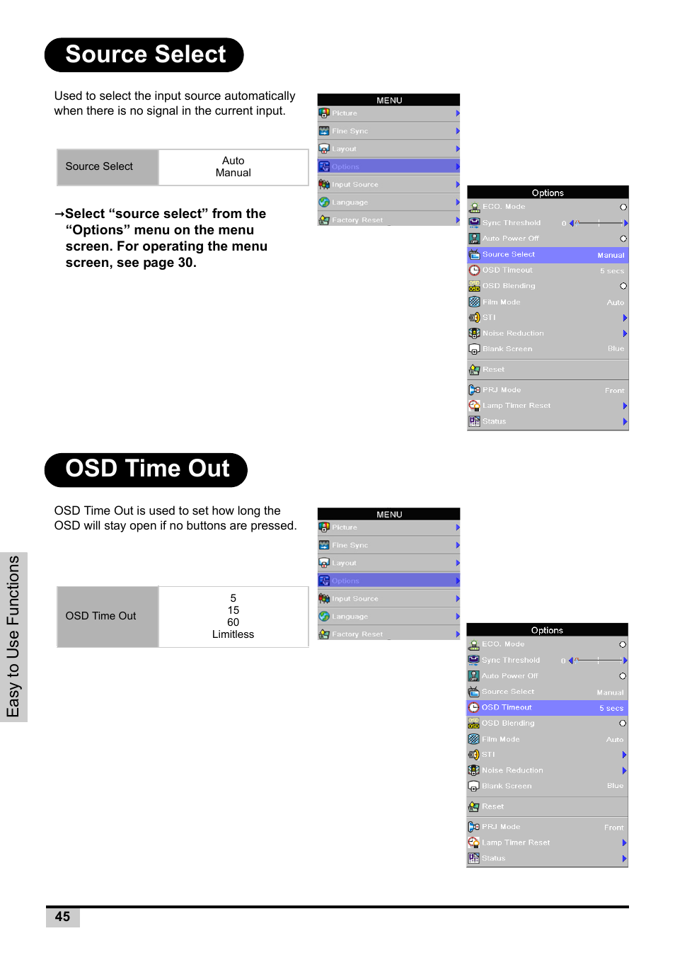 Source select, Osd time out, Source select osd time out | Knoll Systems Front Projector 1080p DLP User Manual | Page 46 / 68